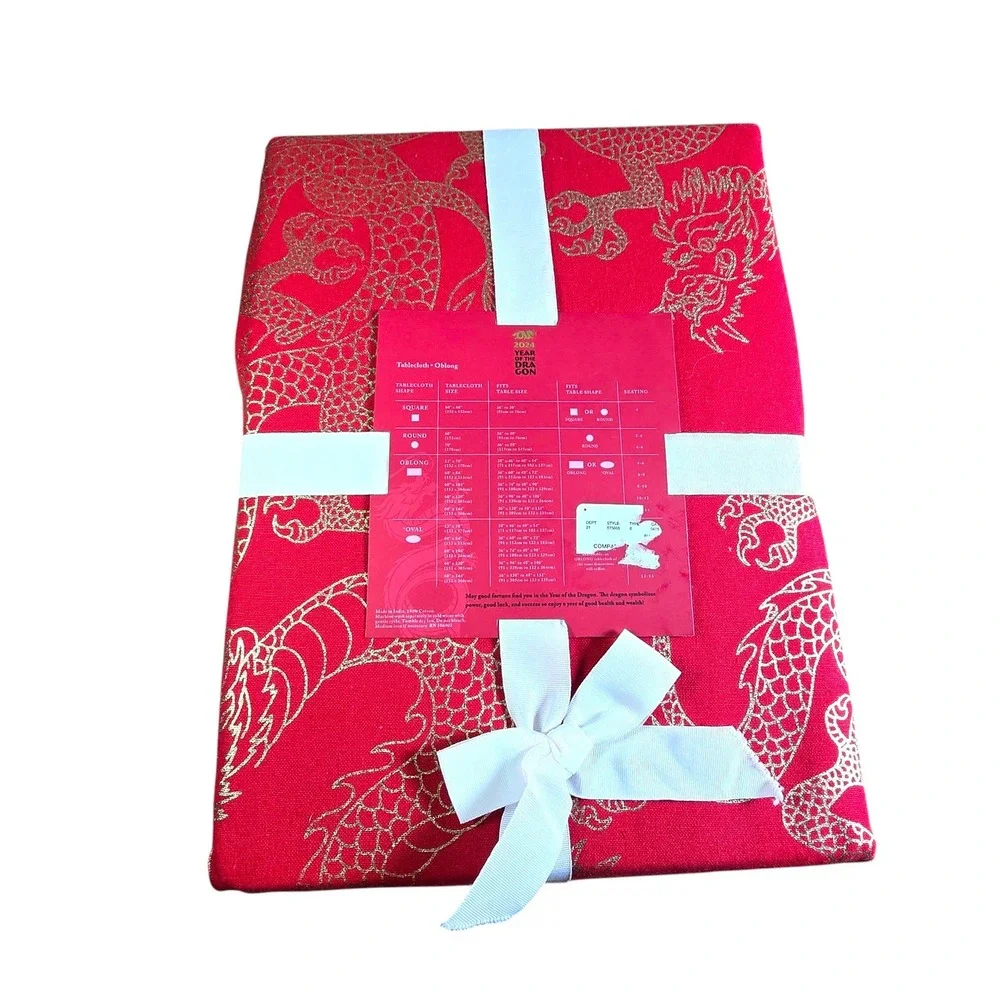 Year of the Dragon 2024 Red‎ Gold Oblong Tablecloth 60x120 Cotton Lunar New Year